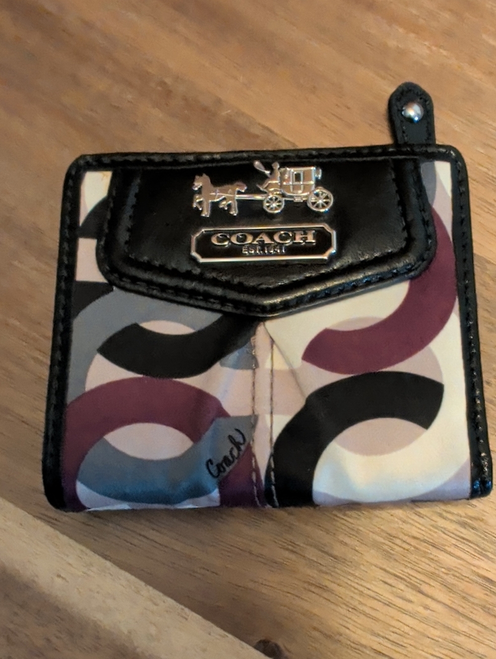COACH Black, Purple & Cream Arc Print Compact Wallet